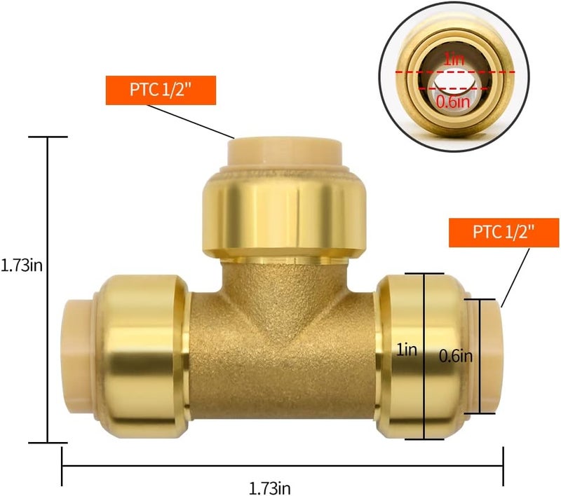 Ruby Q 2 Pack Push-to-Connect Plumbing Fittings, 1/2" Pushfit Tee Fittings with Disconnect Clip for Copper, PEX, CPVC Pipe - Image 2